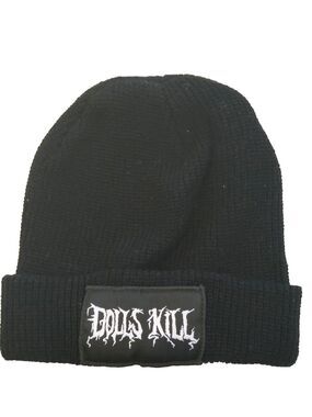 Dolls Kill Beanie Hat One Size Black Ribbed Knit Logo Patch Goth Streetwear